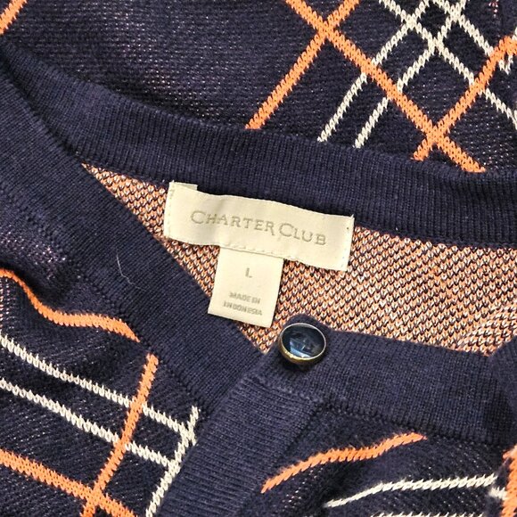CHARTER CLUB - Navy blue/white/pink plaid cotton blend cardigan - Picture 12 of 12